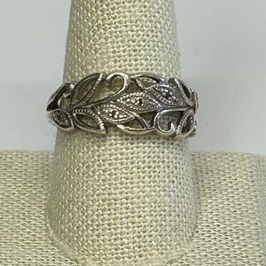 Signed RJ GRAZIANO Sterling Silver Filigree Diamond Accent 925 Leaf Ring Band
